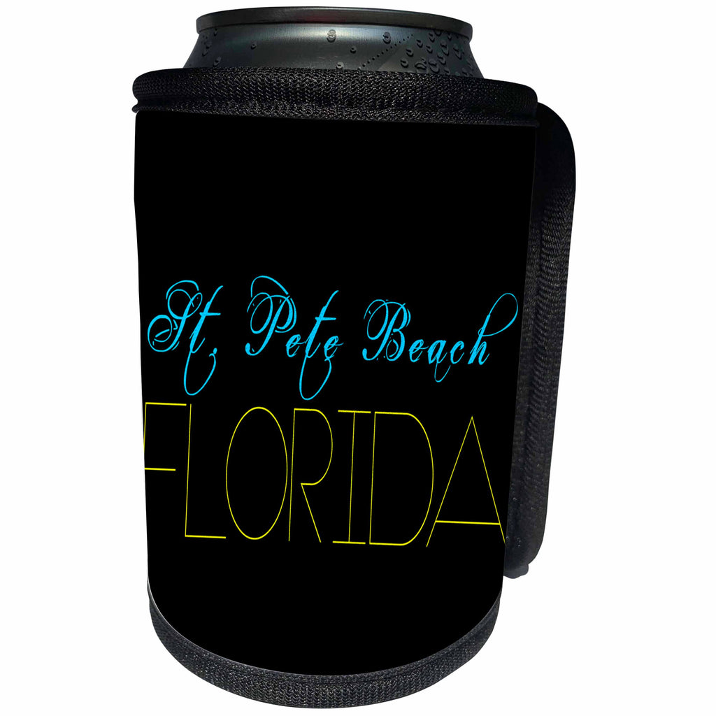 3dRose Alexis Design - American Beaches - American Beaches - Saint Pete Beach, Florida, blue, yellow, black - Can Cooler Bottle Wrap (cc_271594)
