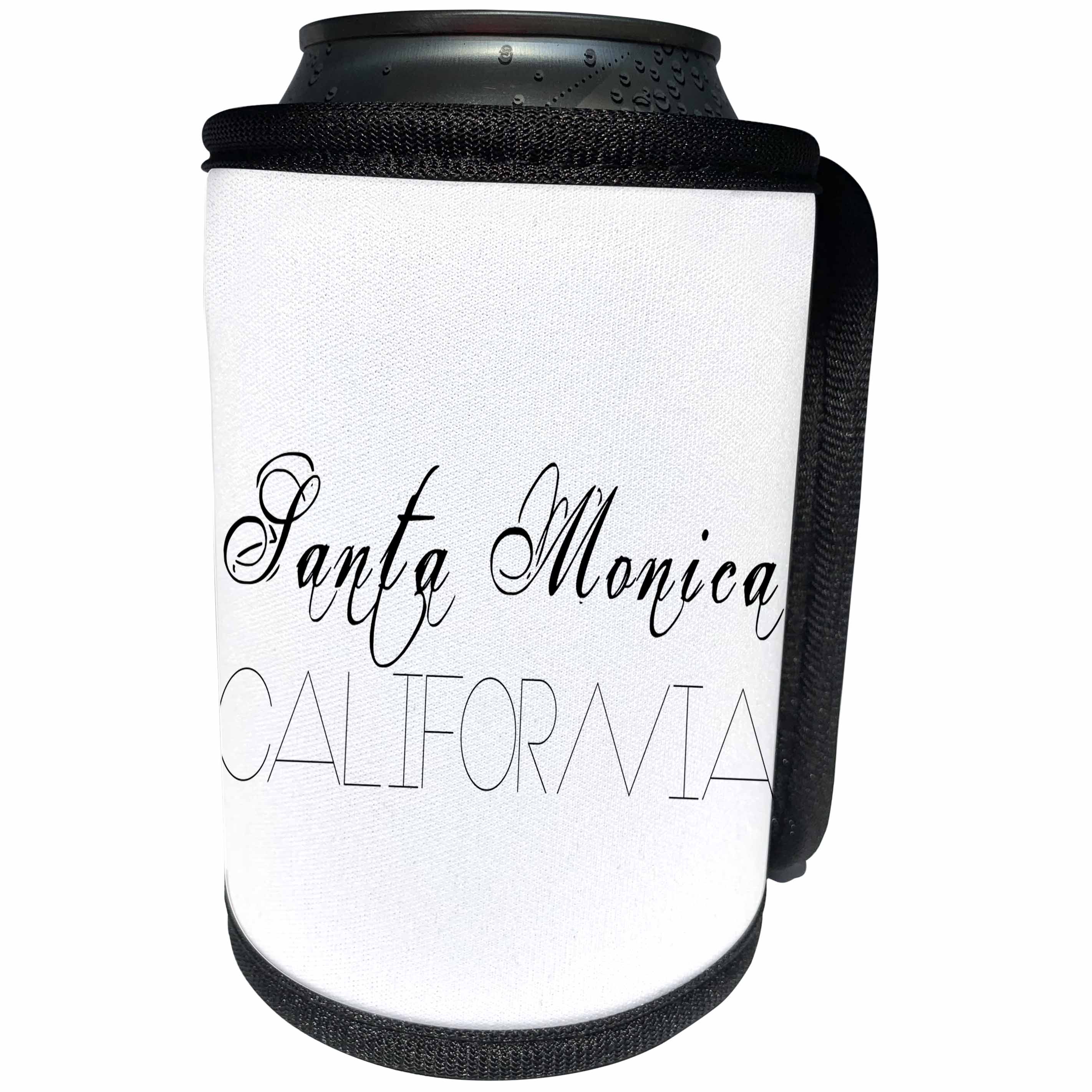 3dRose Alexis Design - American Beaches - American Beaches - Santa Monica Beach, California, black on white - Can Cooler Bottle Wrap (cc_271596)