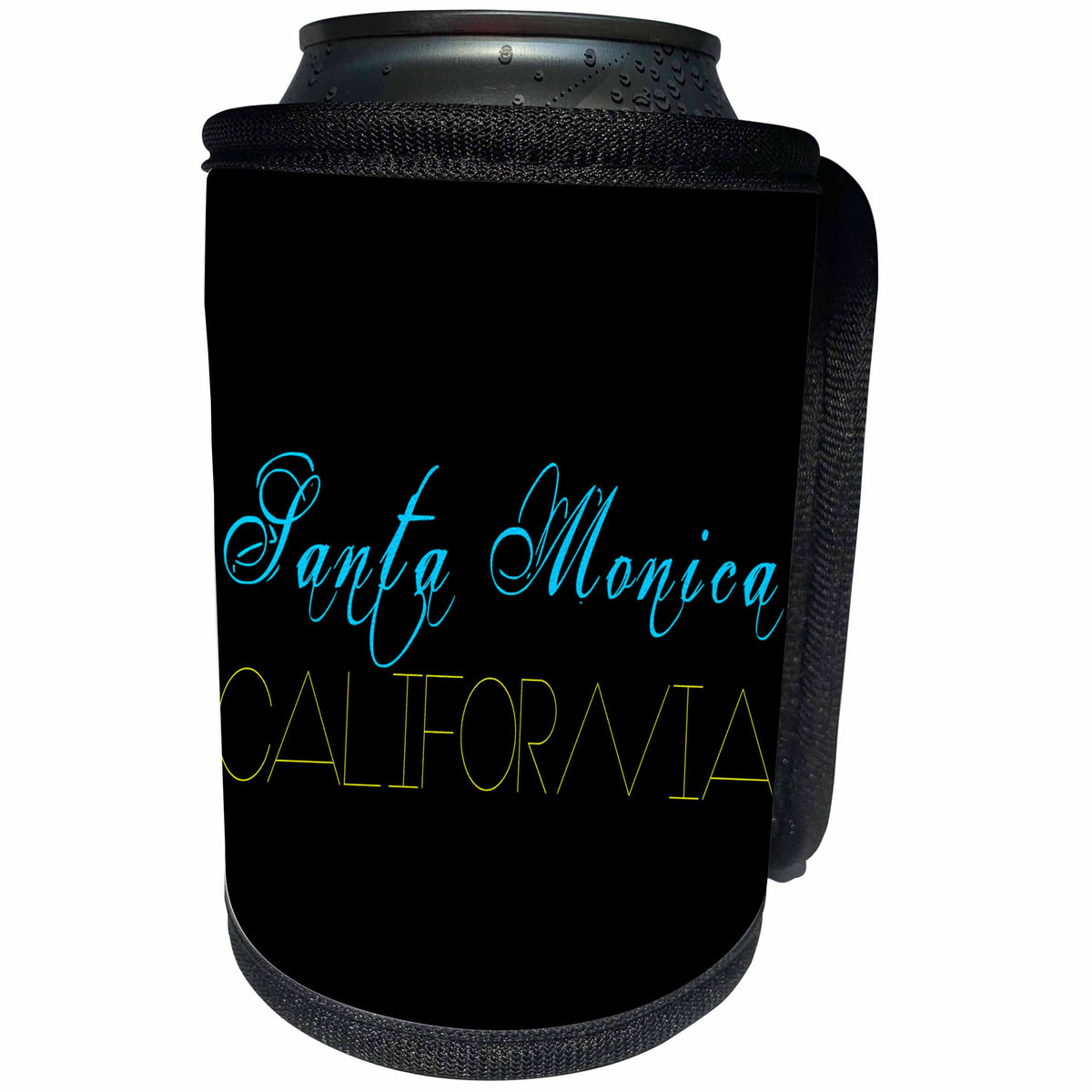 3dRose Alexis Design - American Beaches - American Beaches - Santa Monica Beach, California, blue, yellow - Can Cooler Bottle Wrap (cc_271598)