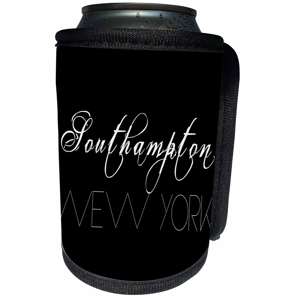 3dRose Alexis Design - American Beaches - American Beaches - Southampton, New York, white on black - Can Cooler Bottle Wrap (cc_271603)