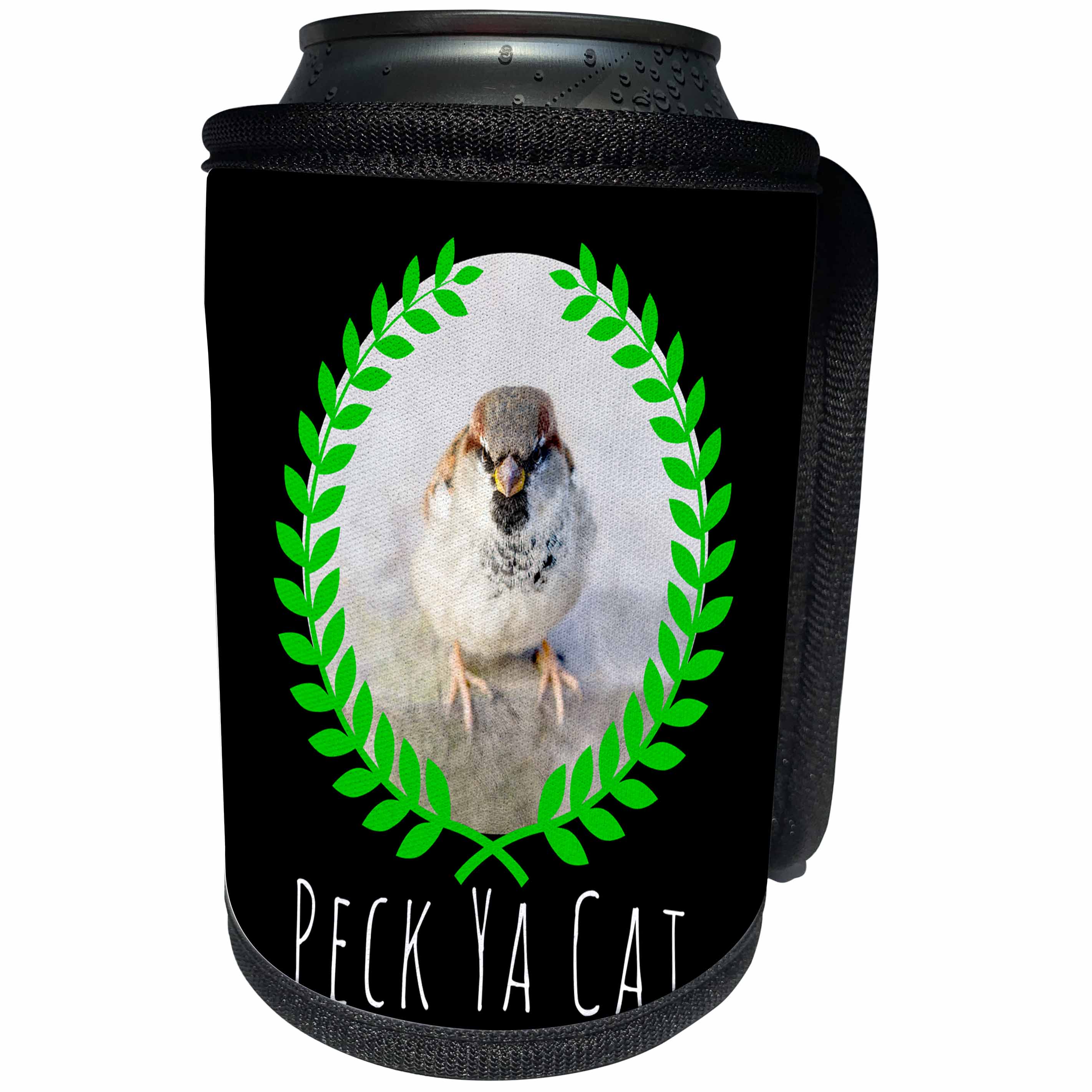 3dRose Alexis Design - Funny Sparrow - Funny Mean Sparrow, Laurel Wreath. Peck Ya Cat Text on Black - Can Cooler Bottle Wrap (cc_271606)