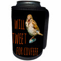 3dRose Alexis Design - Funny Sparrow - Funny sparrow says out loud Will Tweet For Covfefe on black - Can Cooler Bottle Wrap (cc_271608)