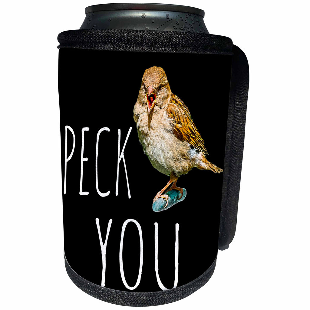3dRose Alexis Design - Funny Sparrow - Funny sparrow says it out loud Peck You on black background - Can Cooler Bottle Wrap (cc_271612)
