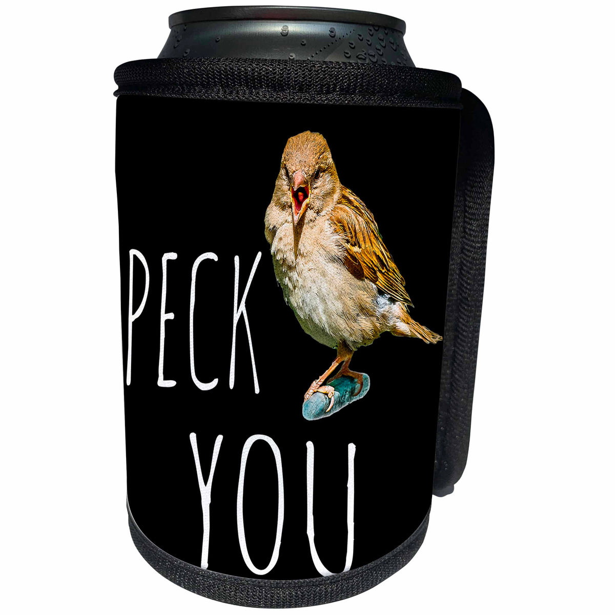 3dRose Alexis Design - Funny Sparrow - Funny sparrow says it out loud Peck You on black background - Can Cooler Bottle Wrap (cc_271612)