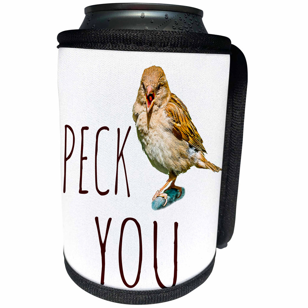 3dRose Alexis Design - Funny Sparrow - Funny sparrow says it out loud Peck You on white background - Can Cooler Bottle Wrap (cc_271613)