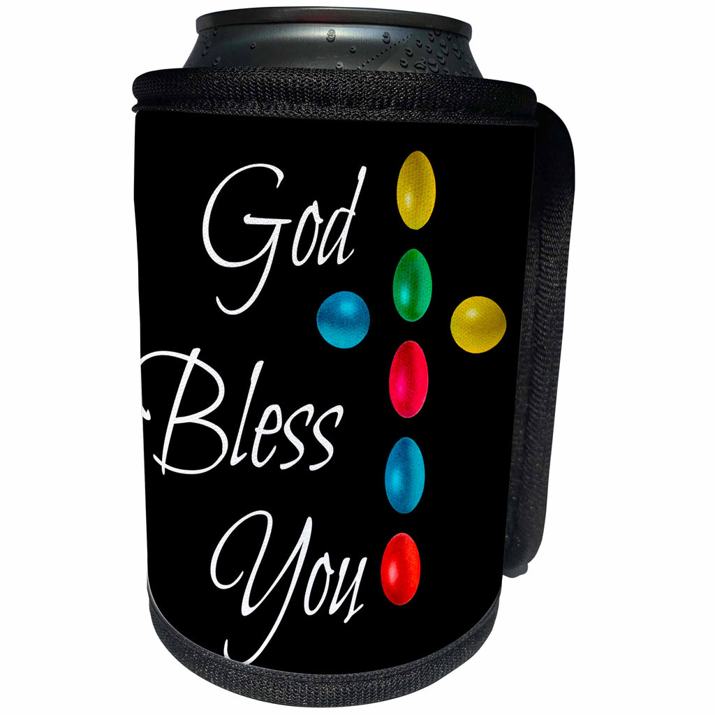 3dRose Alexis Design - Holidays Easter - God bless you text and cross of colorful Easter eggs on black - Can Cooler Bottle Wrap (cc_271650)