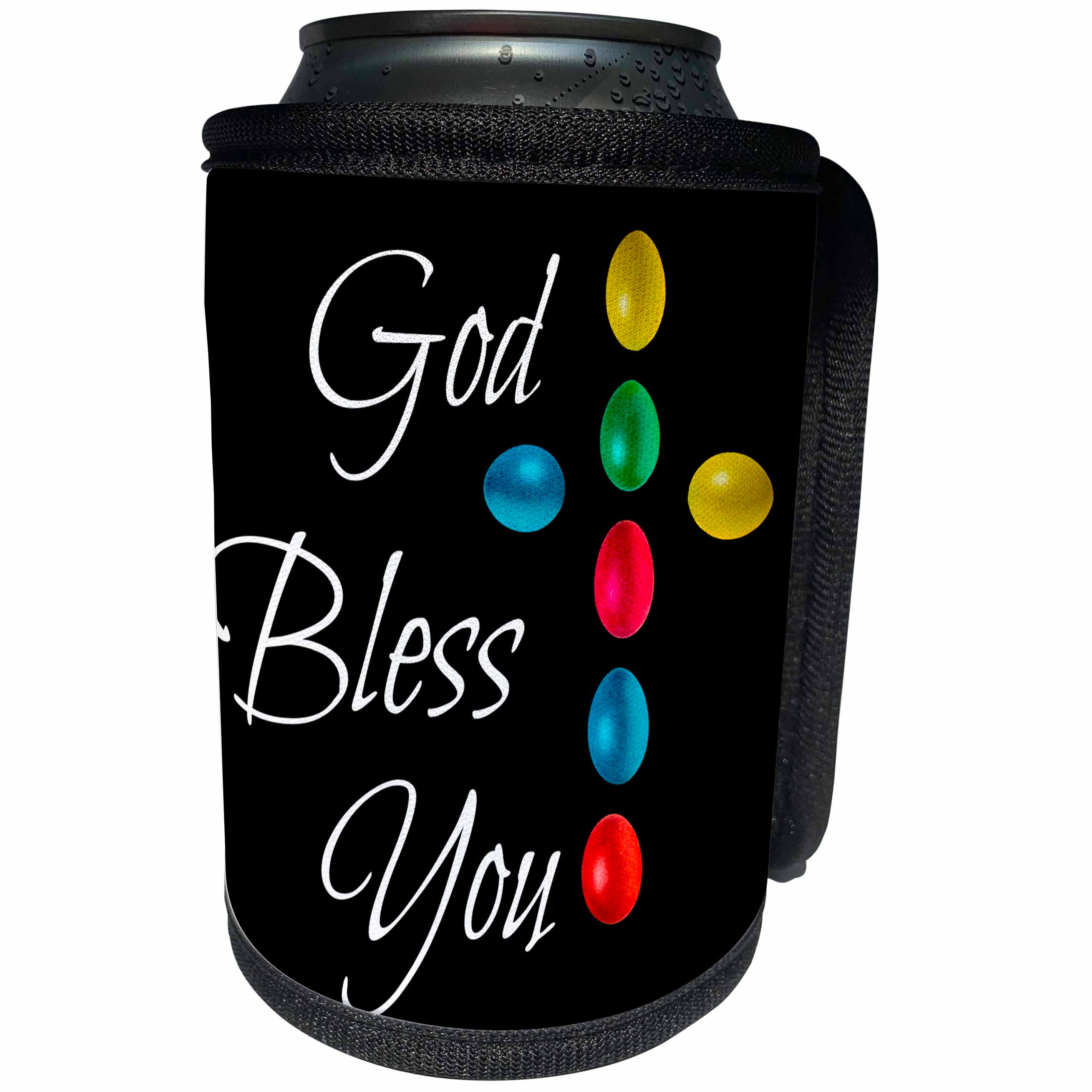 3dRose Alexis Design - Holidays Easter - God bless you text and cross of colorful Easter eggs on black - Can Cooler Bottle Wrap (cc_271650)