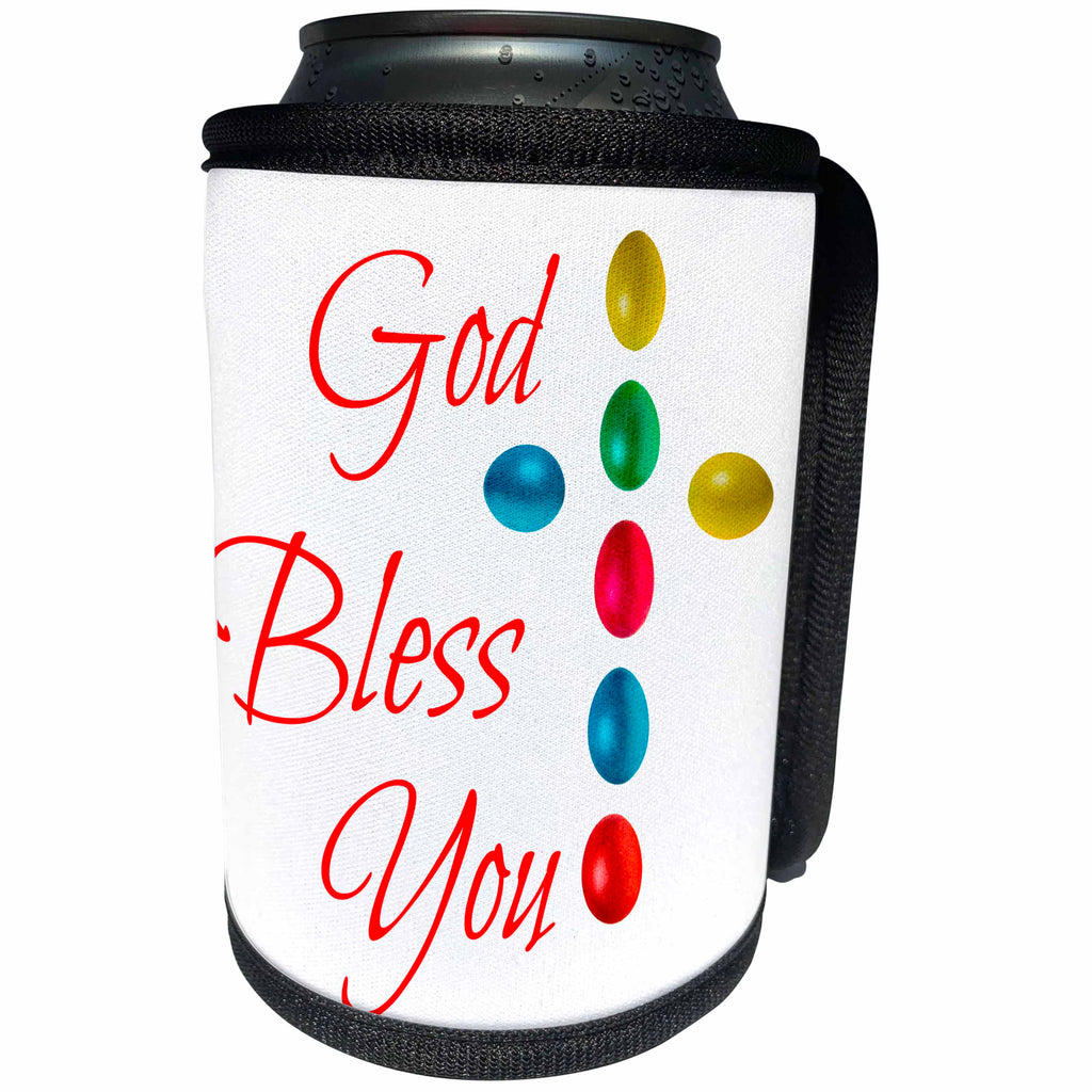 3dRose Alexis Design - Holidays Easter - God bless you text and cross of colorful Easter eggs on white - Can Cooler Bottle Wrap (cc_271651)