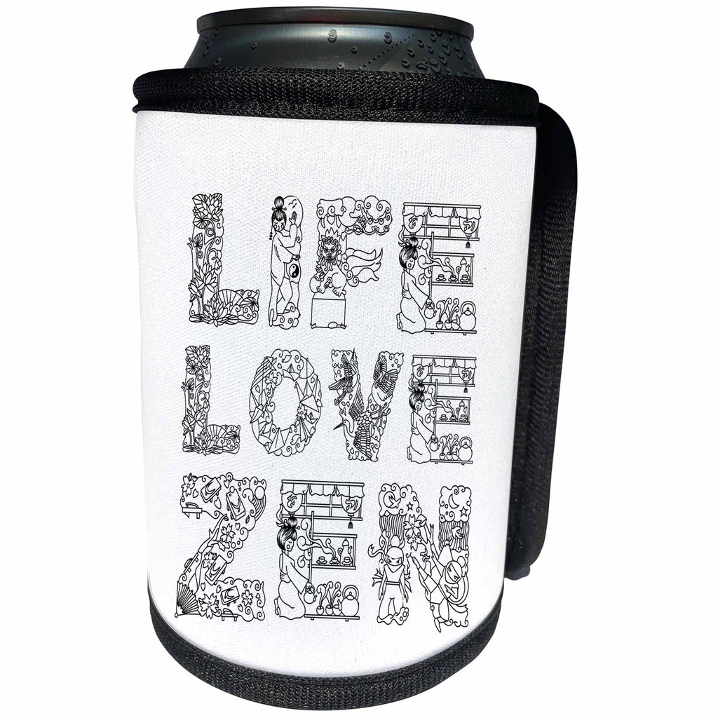 3dRose Alexis Design - Positive - Life, Love, Zen beautiful typography text, black on white - Can Cooler Bottle Wrap (cc_271657)