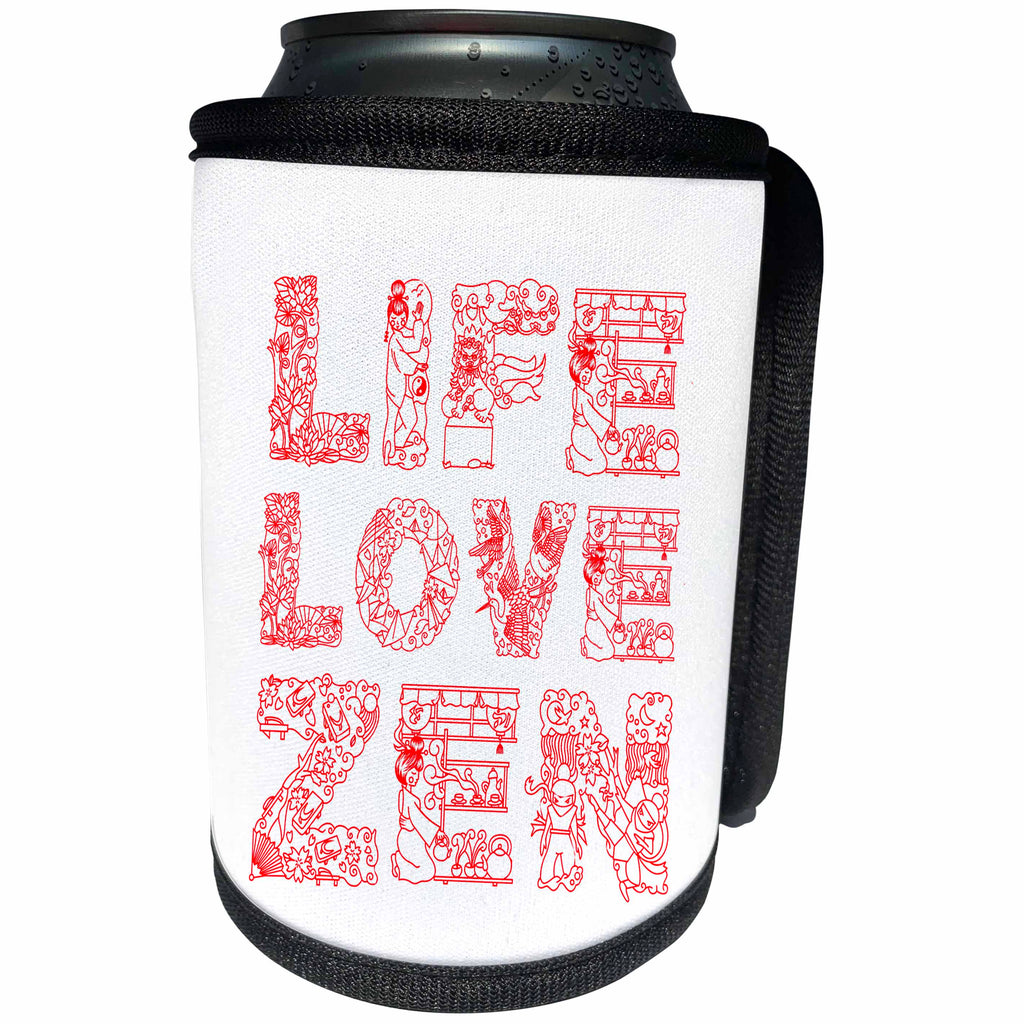 3dRose Alexis Design - Positive - Life, Love, Zen beautiful typography text, red on white - Can Cooler Bottle Wrap (cc_271659)