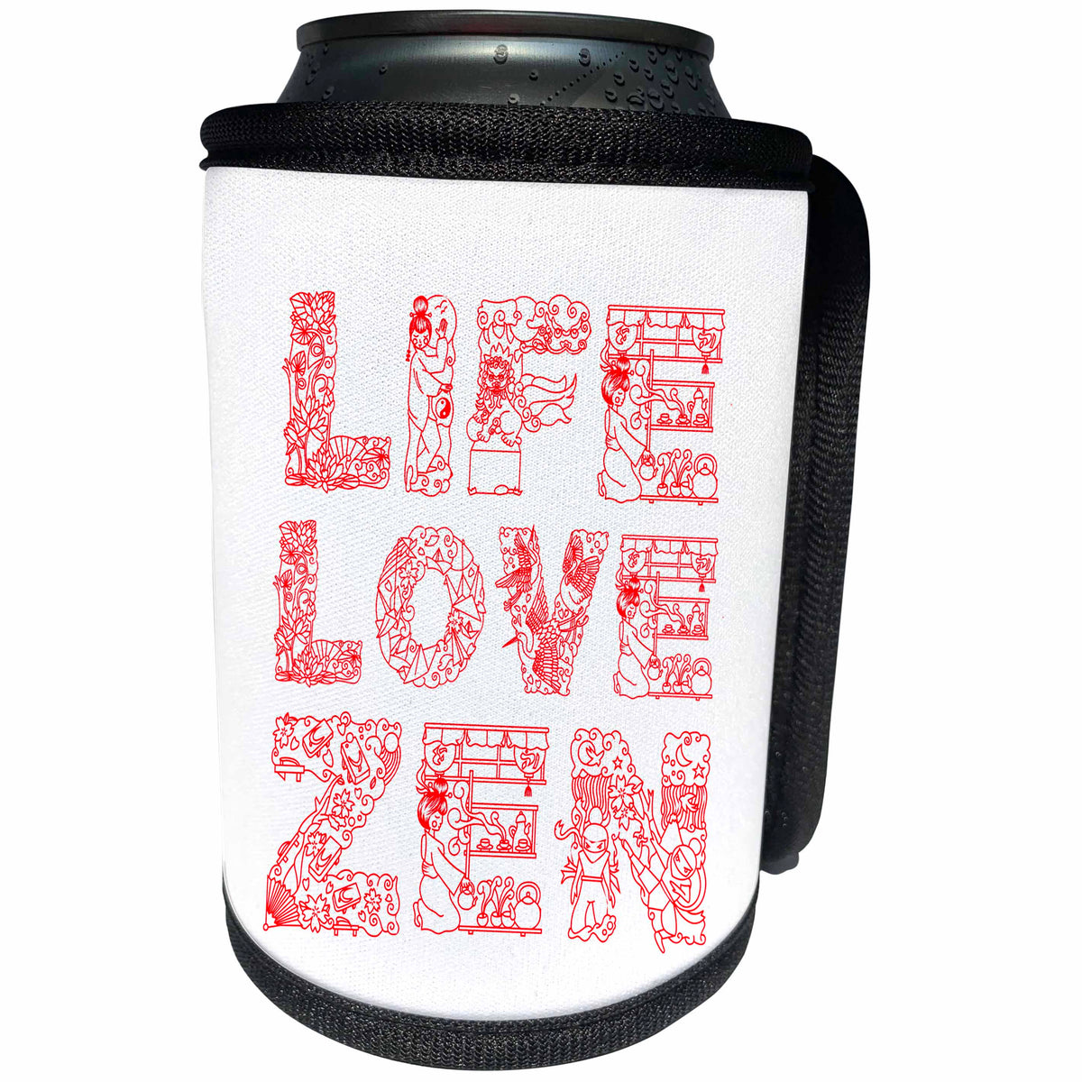 3dRose Alexis Design - Positive - Life, Love, Zen beautiful typography text, red on white - Can Cooler Bottle Wrap (cc_271659)