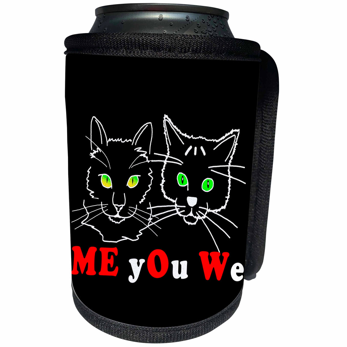 3dRose Alexis Design - Funny Cats - Funny cat faces. White and red text on black - Me You We - MEOW - Can Cooler Bottle Wrap (cc_271697)