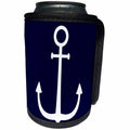 3dRose Alexis Design - Beach, Sea, Surf - White color anchor on dark blue, navy background. Naval design - Can Cooler Bottle Wrap (cc_271700)