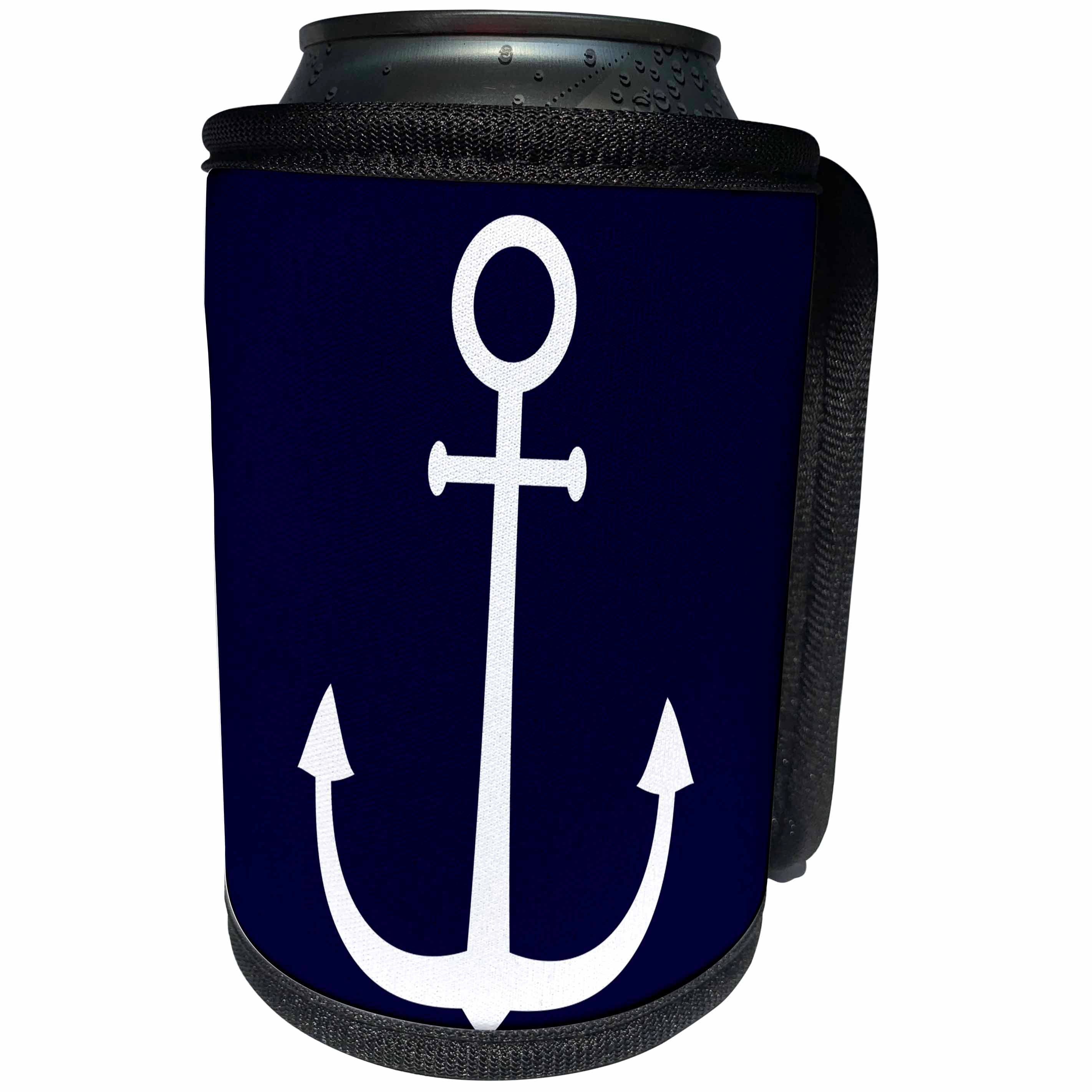 3dRose Alexis Design - Beach, Sea, Surf - White color anchor on dark blue, navy background. Naval design - Can Cooler Bottle Wrap (cc_271700)