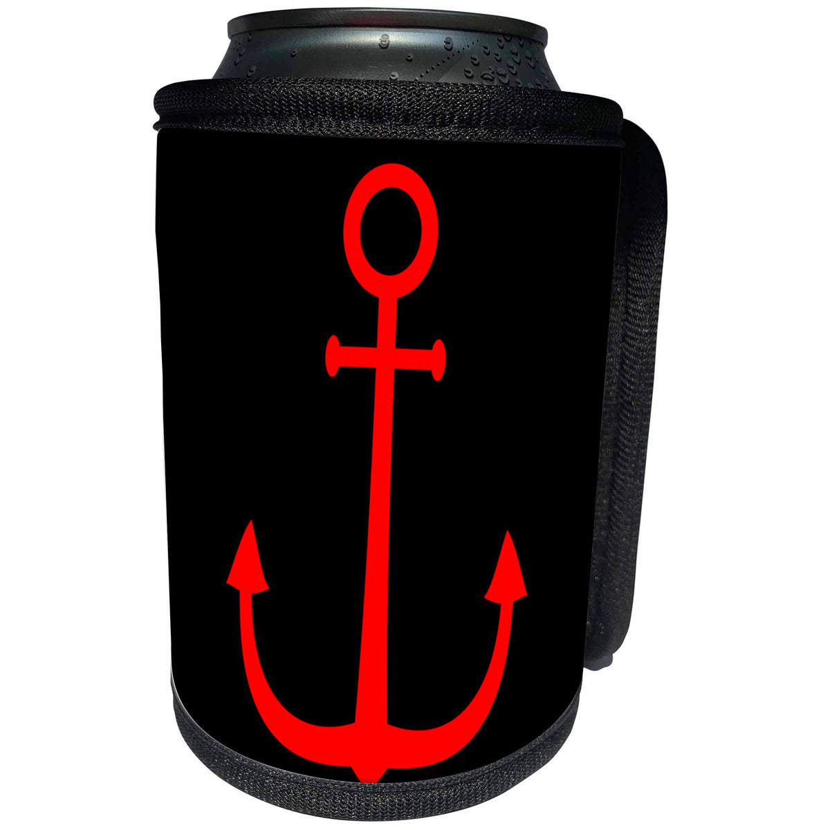 3dRose Alexis Design - Beach, Sea, Surf - Red color anchor on black background. Naval minimal design - Can Cooler Bottle Wrap (cc_271702)