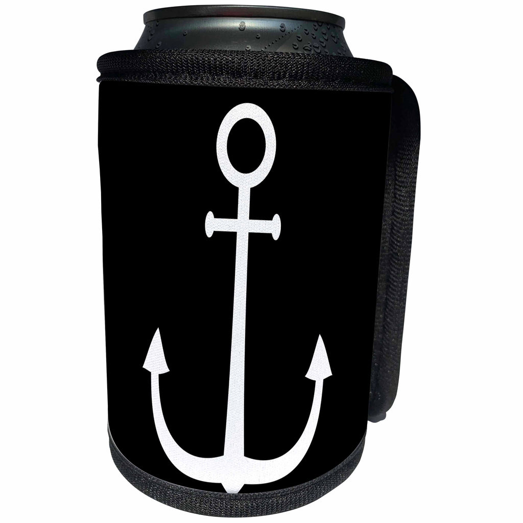 3dRose Alexis Design - Beach, Sea, Surf - White color anchor on black background. Naval design - Can Cooler Bottle Wrap (cc_271704)