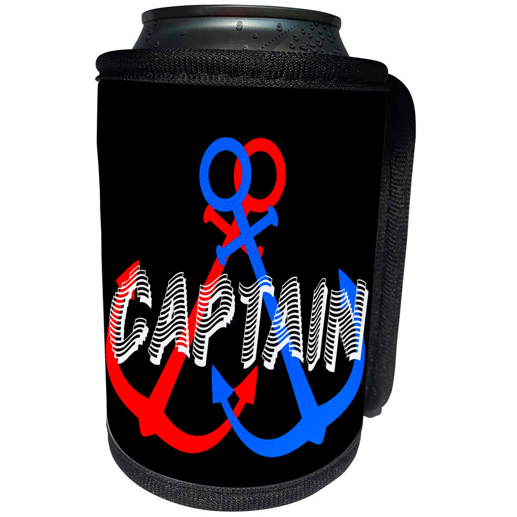 3dRose Alexis Design - Beach, Sea, Surf - Two anchors of red and blue colors. White text Captain on black - Can Cooler Bottle Wrap (cc_271705)