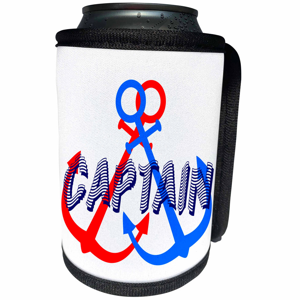 3dRose Alexis Design - Beach, Sea, Surf - Two anchors of red and blue colors. Navy blue text Captain on white - Can Cooler Bottle Wrap (cc_271706)