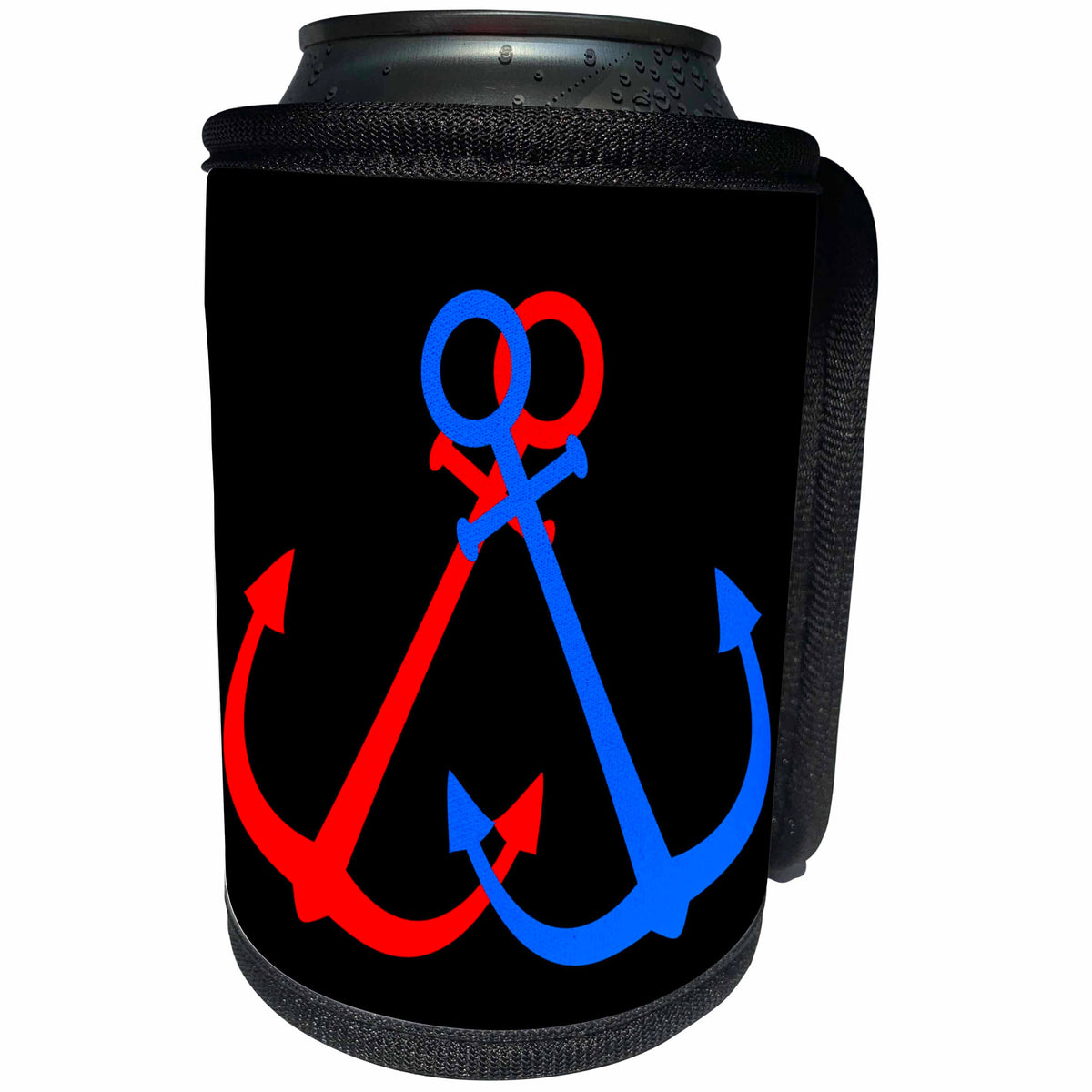 3dRose Alexis Design - Beach, Sea, Surf - Two anchors of red and blue colors against the black background - Can Cooler Bottle Wrap (cc_271707)