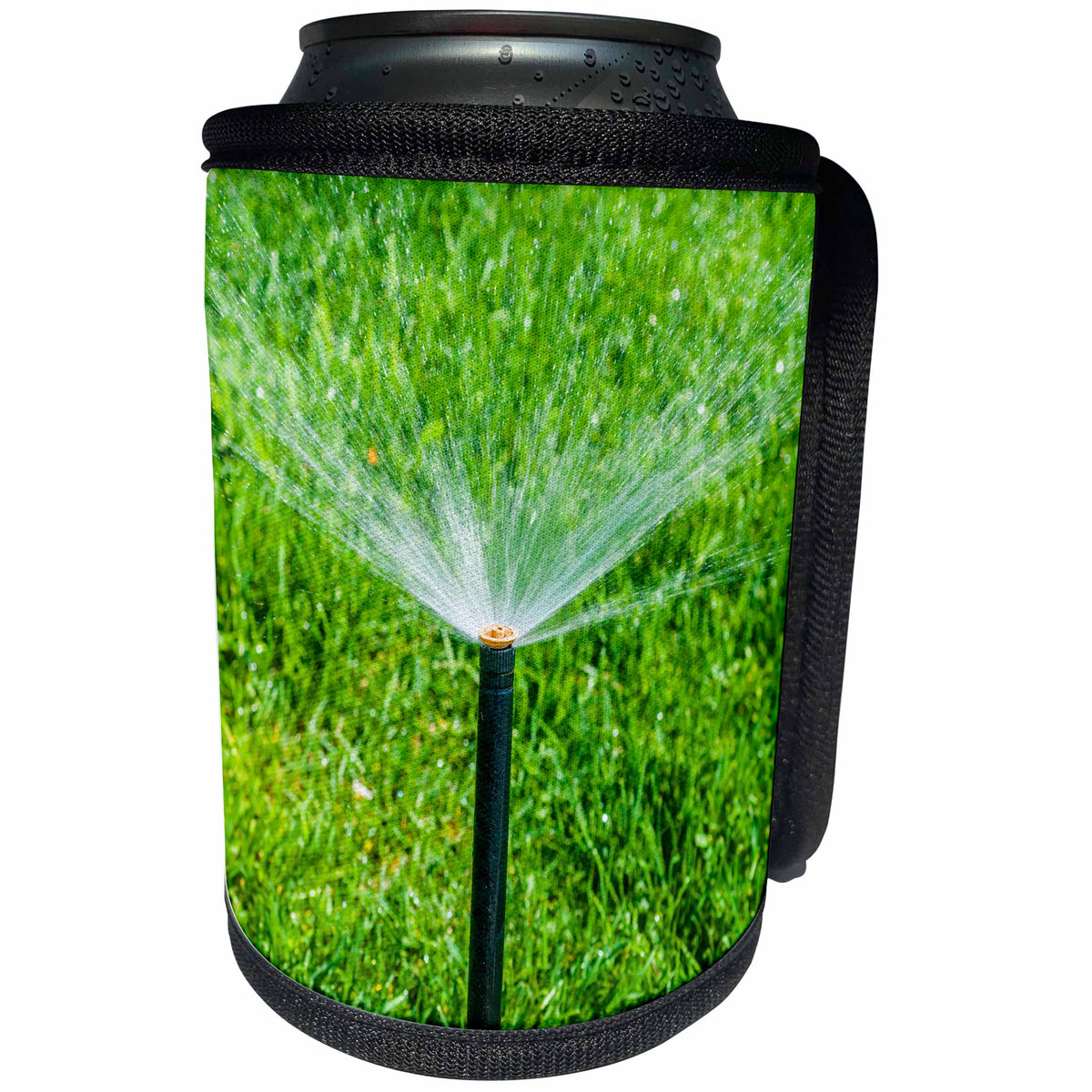 3dRose Alexis Photography - Seasons Spring - Watering the green lawn on a hot spring day. Water sprays, black tube - Can Cooler Bottle Wrap (cc_271819)