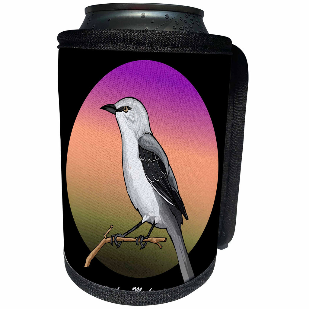 3dRose Mark Grace GRACEVISIONS Birds - BIRDS northern mockingbird 2 on black - Can Cooler Bottle Wrap (cc_27183)