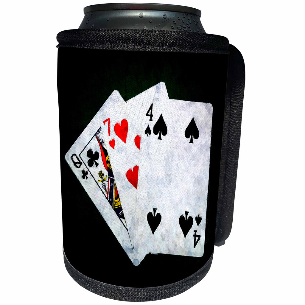3dRose Alexis Photo-Art - Blackjack - Blackjack Twenty One combination - Queen, Seven, Four - Can Cooler Bottle Wrap (cc_271841)