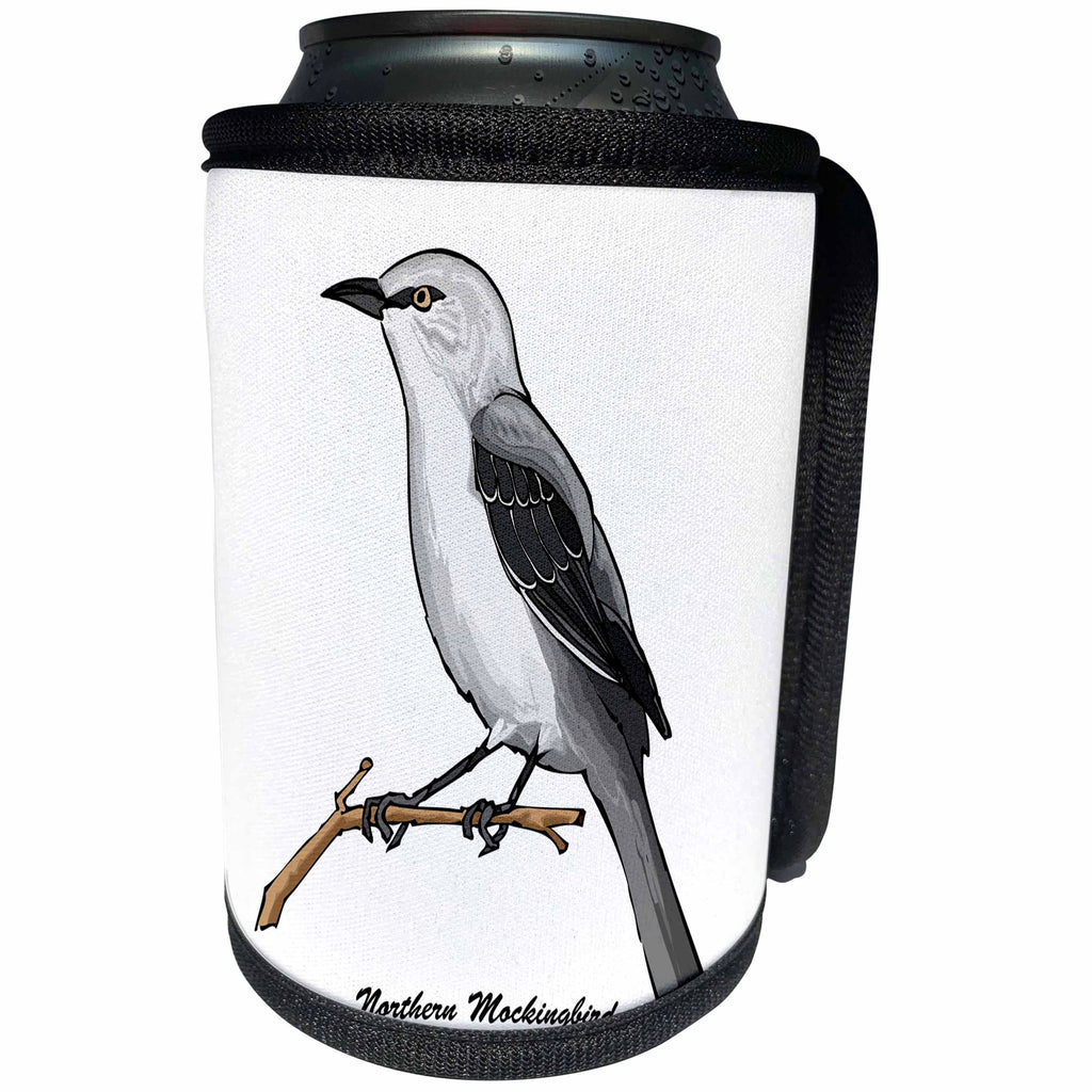 3dRose Mark Grace GRACEVISIONS Birds - BIRDS northern mockingbird 3 on white - Can Cooler Bottle Wrap (cc_27185)