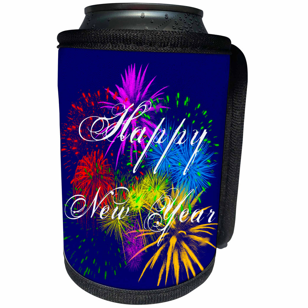 3dRose Alexis Design - Holidays Christmas - Colorful heart shaped fireworks, text Happy New Year on blue - Can Cooler Bottle Wrap (cc_271850)