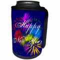 3dRose Alexis Design - Holidays Christmas - Colorful heart shaped fireworks, text Happy New Year on blue - Can Cooler Bottle Wrap (cc_271850)
