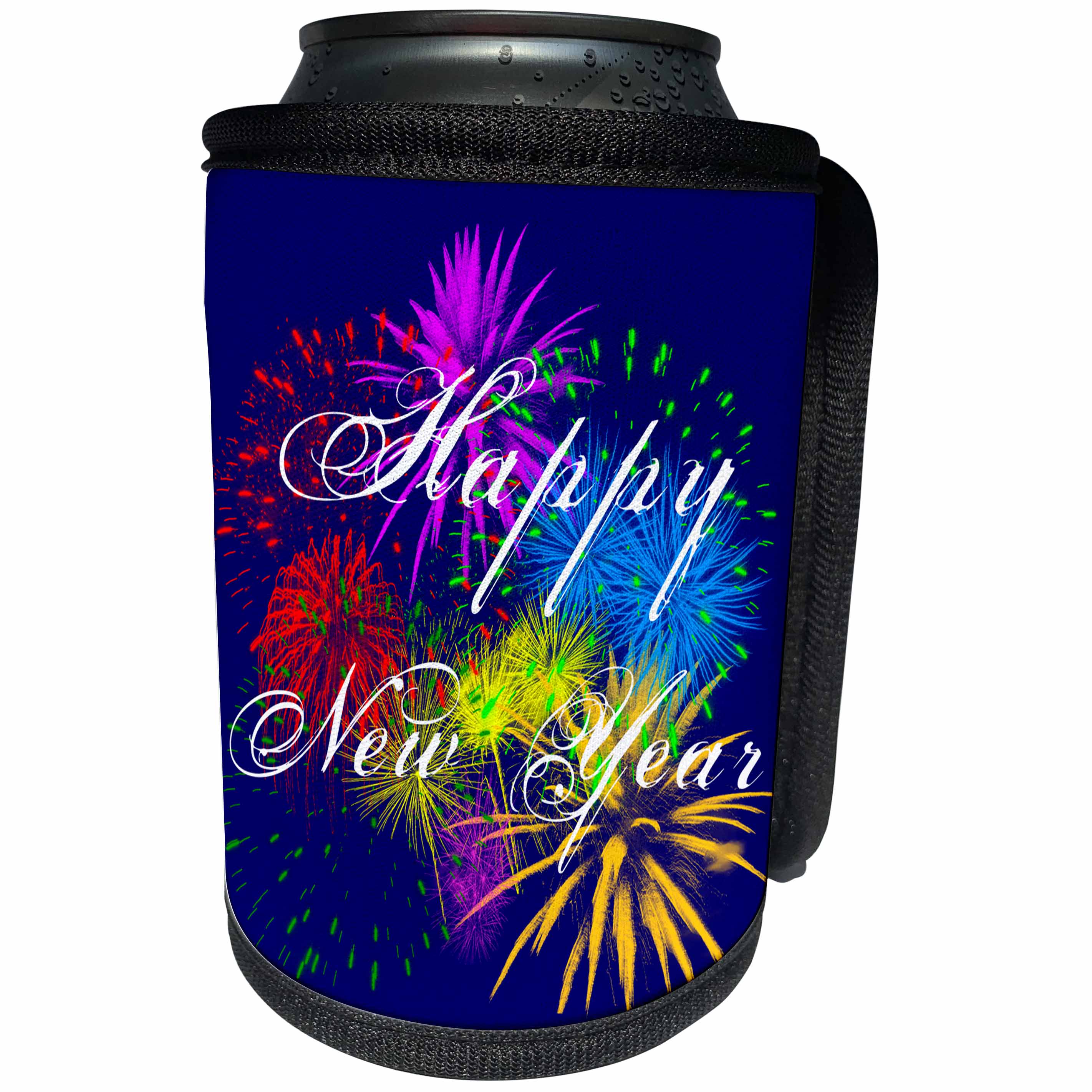 3dRose Alexis Design - Holidays Christmas - Colorful heart shaped fireworks, text Happy New Year on blue - Can Cooler Bottle Wrap (cc_271850)