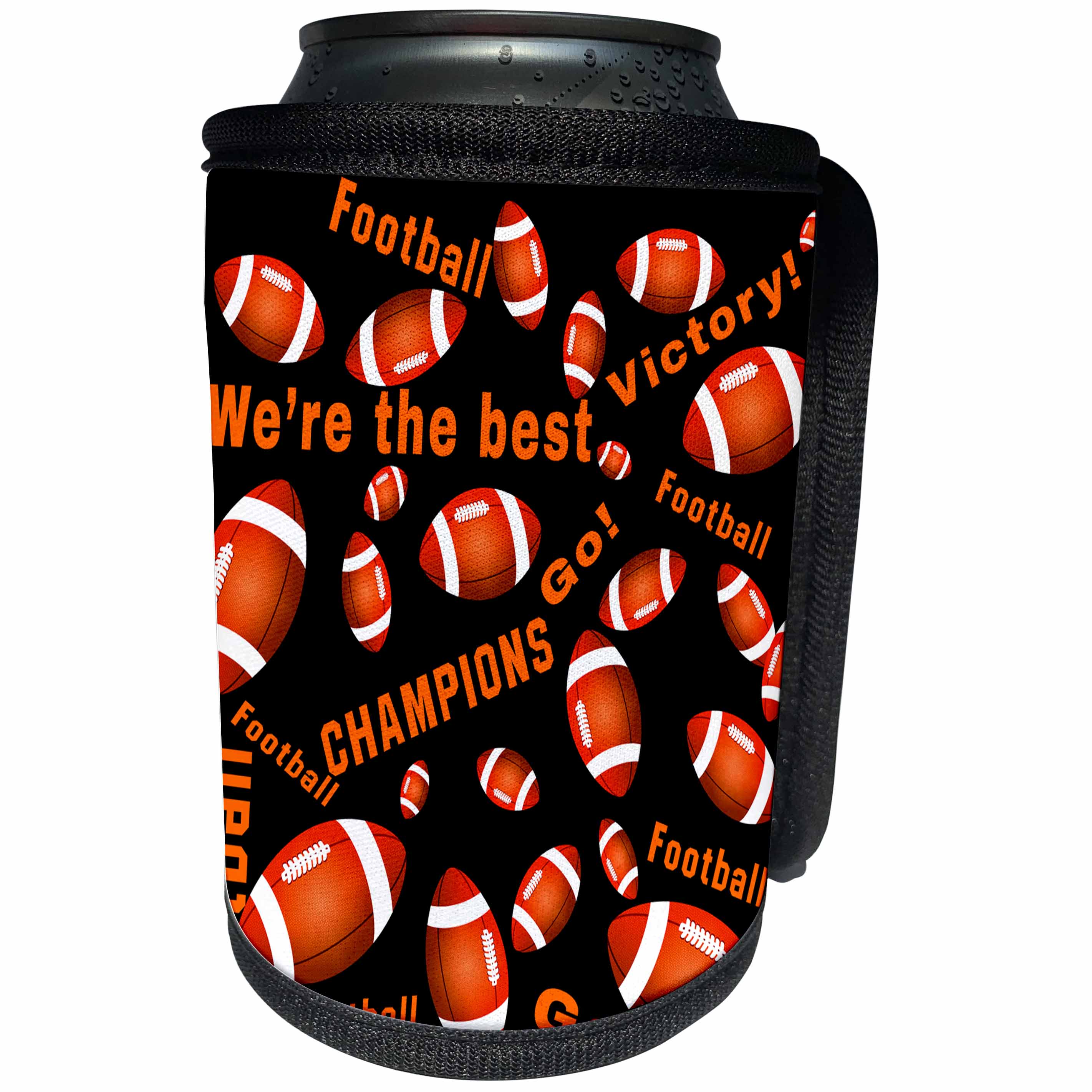 3dRose Alexis Design - Sport American Football - Orange American football balls and texts on black - Can Cooler Bottle Wrap (cc_271857)