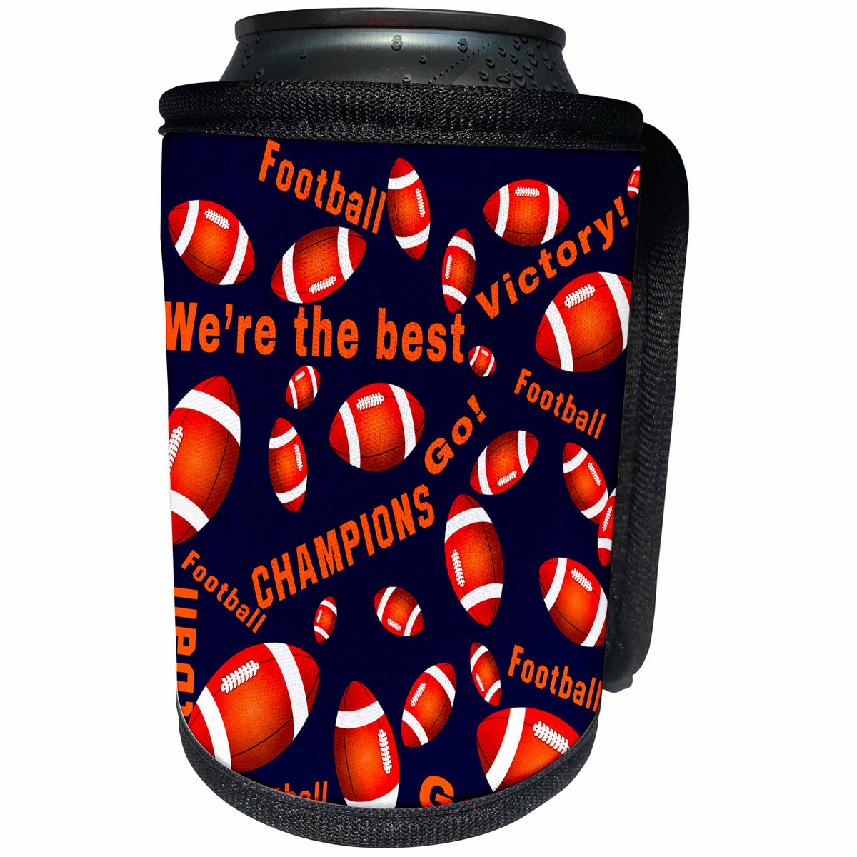 3dRose Alexis Design - Sport American Football - Orange American football balls and texts on navy blue background - Can Cooler Bottle Wrap (cc_271858)