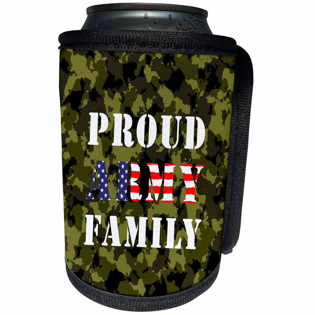 3dRose Alexis Design - Texture Camouflage - Military camouflage texture. Text Proud ARMY family. American flag - Can Cooler Bottle Wrap (cc_271867)