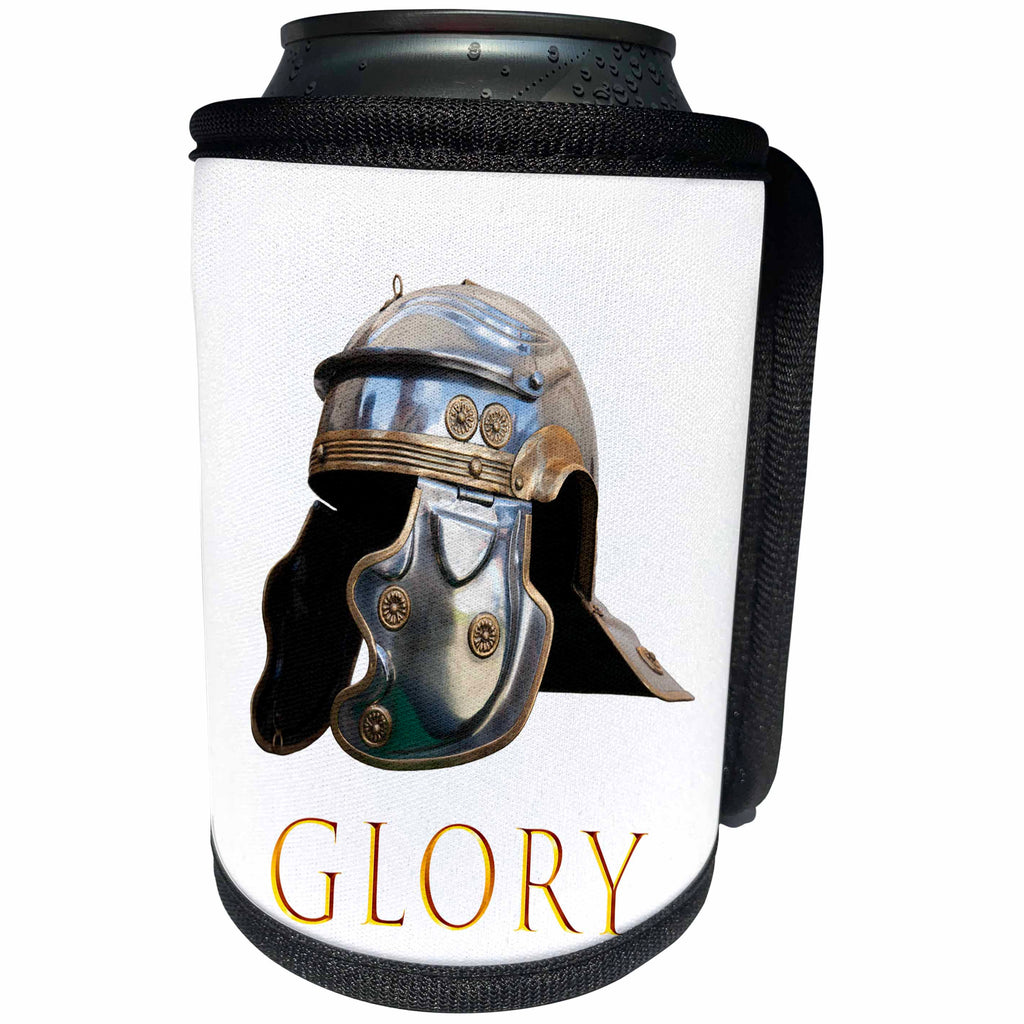 3dRose Alexis Photography - Objects Armor - Ancient Roman military helmet on white. Golden text GLORY - Can Cooler Bottle Wrap (cc_271904)