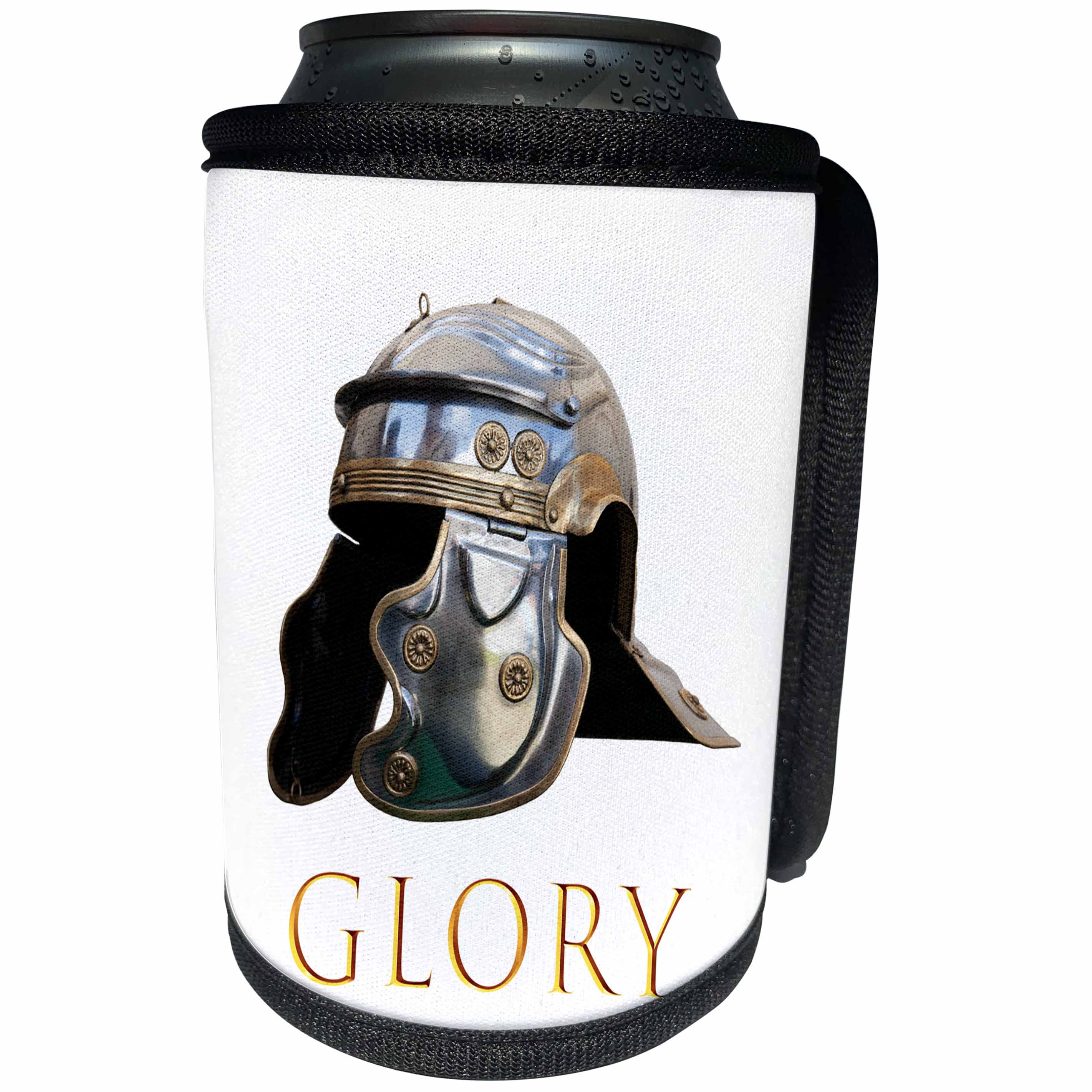 3dRose Alexis Photography - Objects Armor - Ancient Roman military helmet on white. Golden text GLORY - Can Cooler Bottle Wrap (cc_271904)