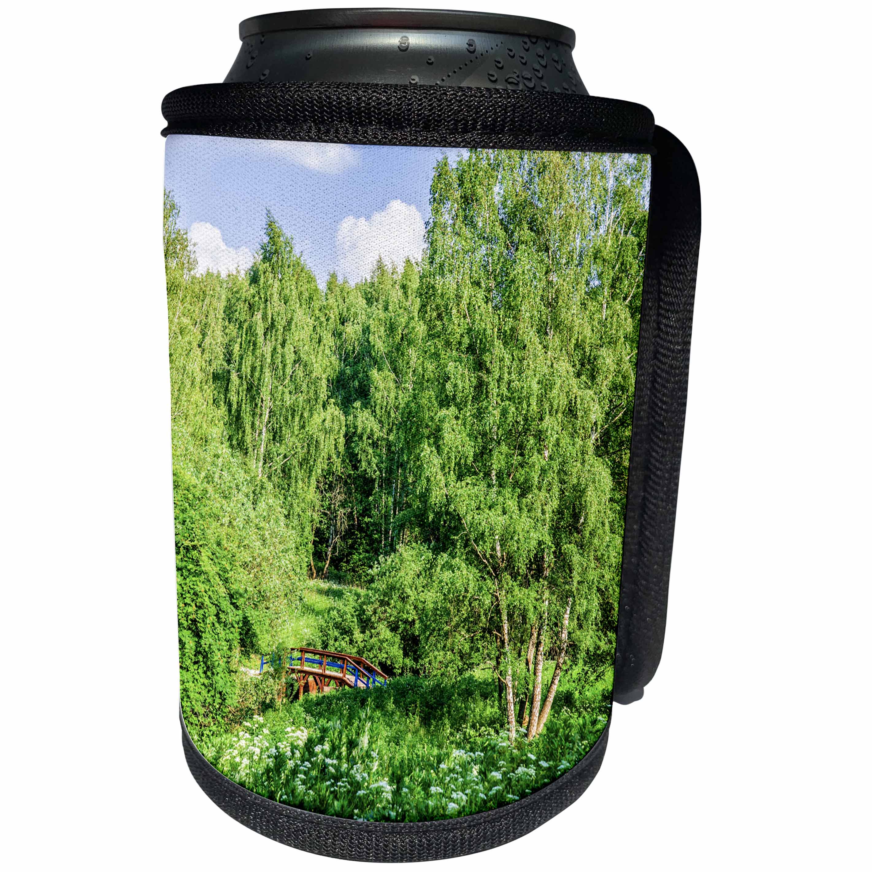 3dRose Alexis Photography - Seasons Summer - Sunny summer day in the park, wooden bridge over the stream - Can Cooler Bottle Wrap (cc_271922)