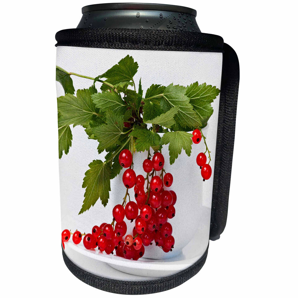 3dRose Alexis Photography - Food Currant - Bunch of red currant hangs out from white cup. Green leaves, on white - Can Cooler Bottle Wrap (cc_271927)