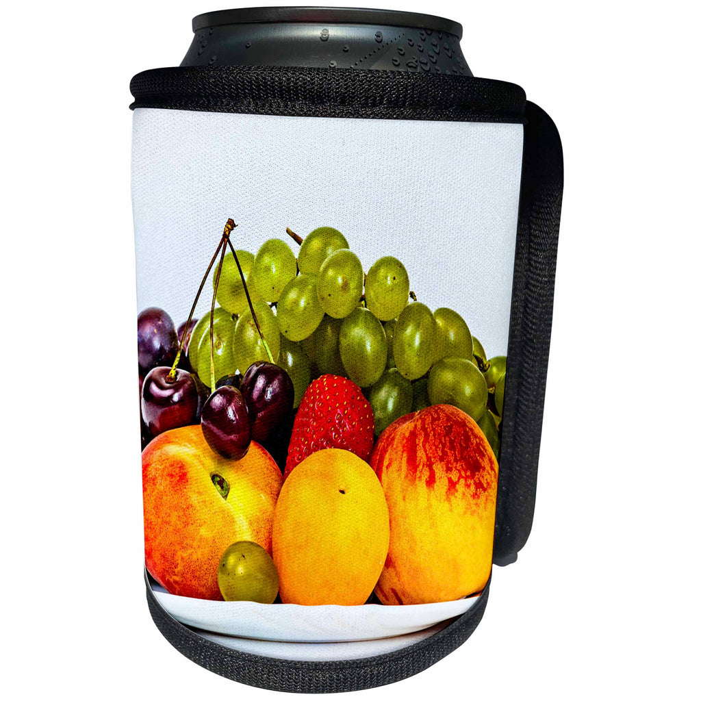 3dRose Alexis Photography - Food Fruit Mix - Colorful summer fruits on a white plate, white background - Can Cooler Bottle Wrap (cc_271928)