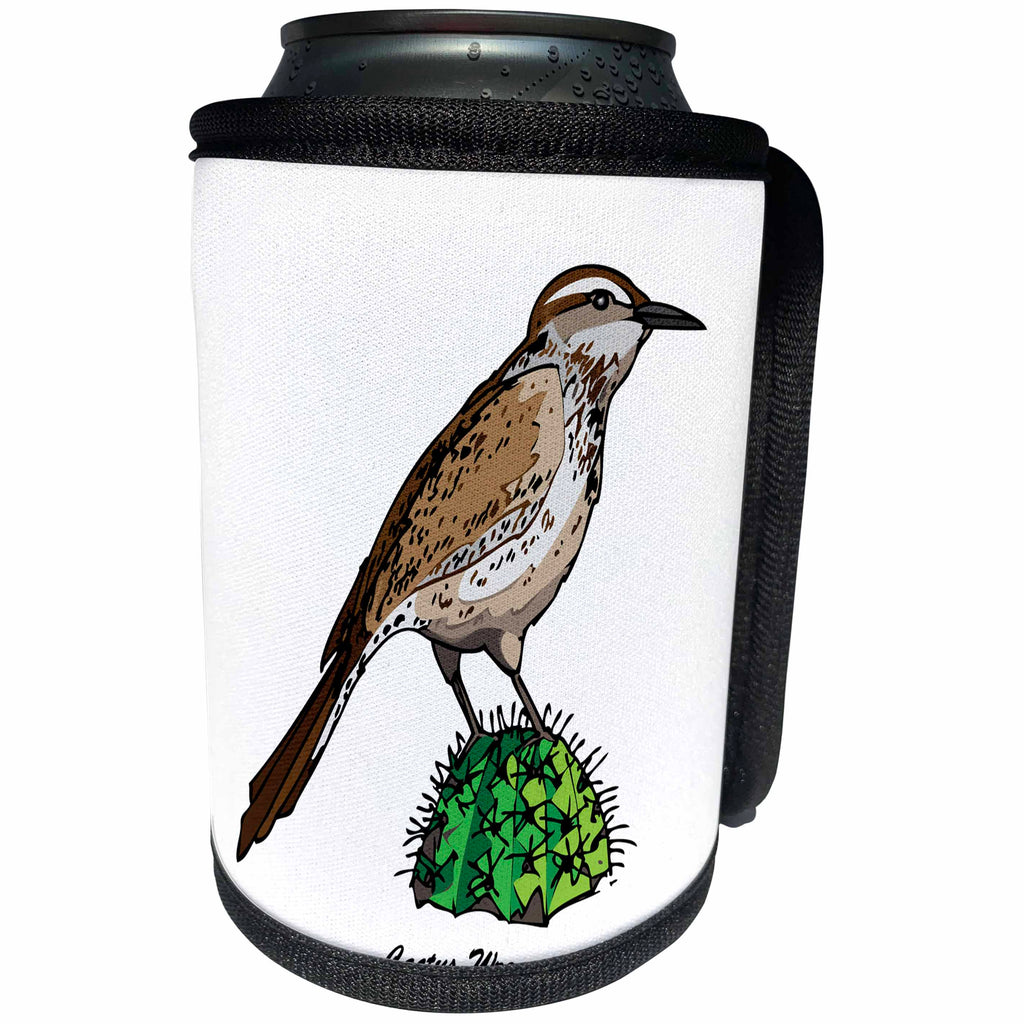 3dRose Mark Grace GRACEVISIONS Birds - BIRDS cactus wren 3 on white - Can Cooler Bottle Wrap (cc_27194)