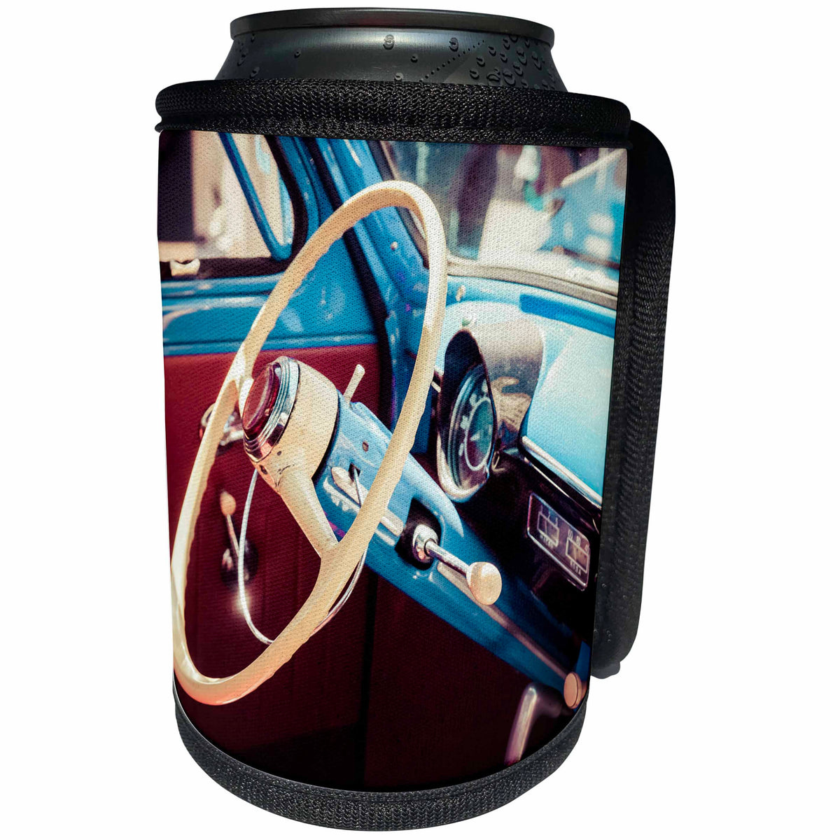 3dRose Alexis Photography - Transport Road - Steering wheel of a vintage budget car. Stylized photo - Can Cooler Bottle Wrap (cc_271956)
