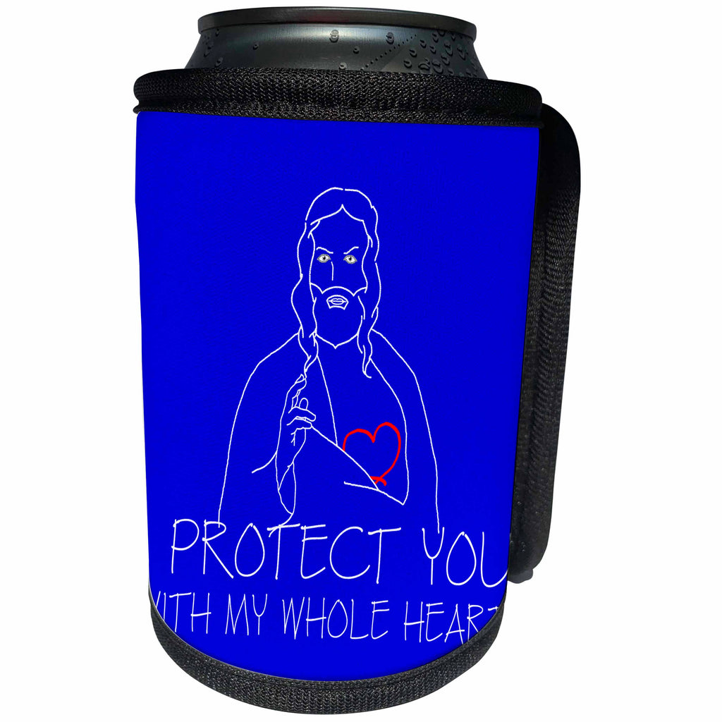 3dRose Alexis Design - Christian - Jesus Christ. I protect you with my whole heart. White on blue - Can Cooler Bottle Wrap (cc_271958)
