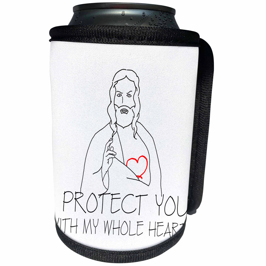 3dRose Alexis Design - Christian - Jesus Christ. I protect you with my whole heart. Black on white - Can Cooler Bottle Wrap (cc_271959)