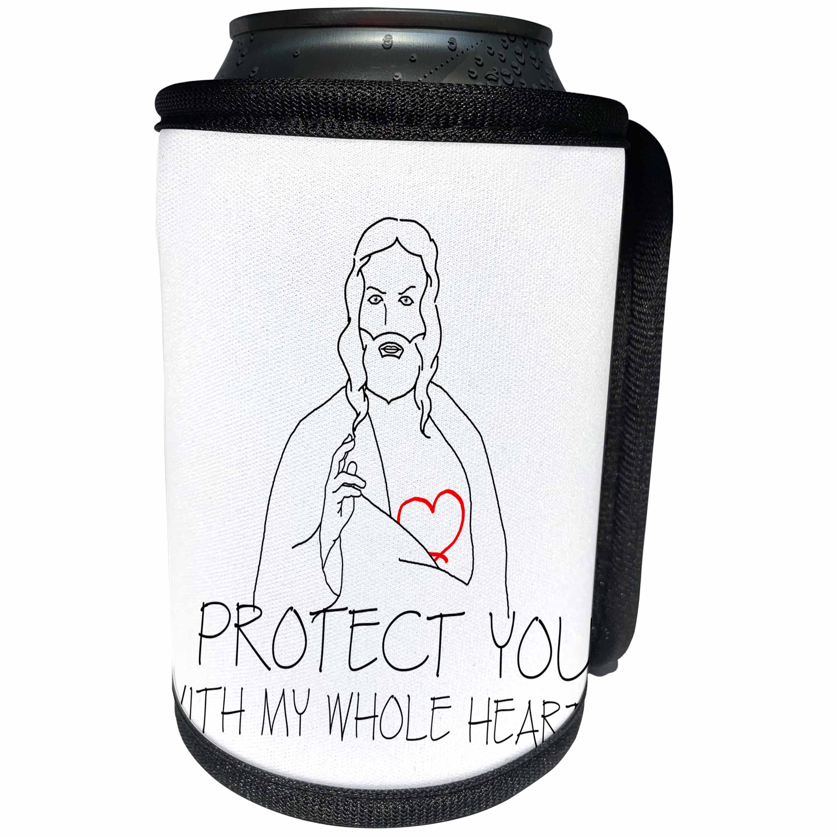 3dRose Alexis Design - Christian - Jesus Christ. I protect you with my whole heart. Black on white - Can Cooler Bottle Wrap (cc_271959)
