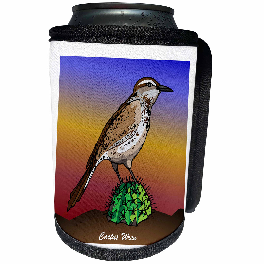 3dRose Mark Grace GRACEVISIONS Birds - BIRDS cactus wren 1 on white - Can Cooler Bottle Wrap (cc_27196)