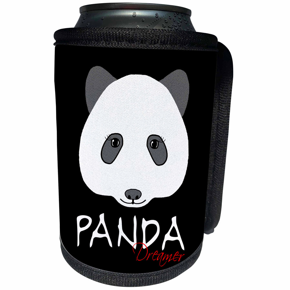 3dRose Alexis Design - Funny Panda - Panda dreamer funny panda face against the black background - Can Cooler Bottle Wrap (cc_271962)