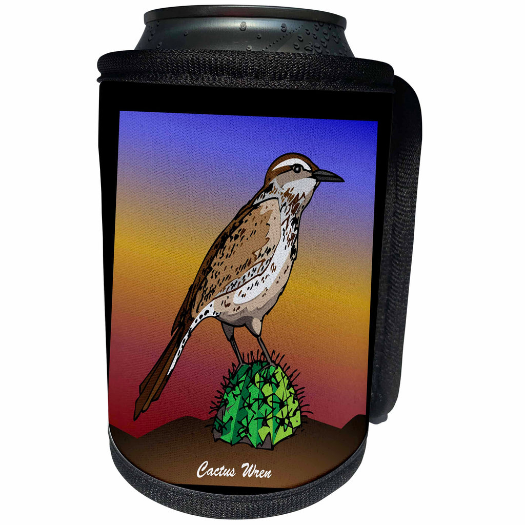3dRose Mark Grace GRACEVISIONS Birds - BIRDS cactus wren 1 on black - Can Cooler Bottle Wrap (cc_27197)