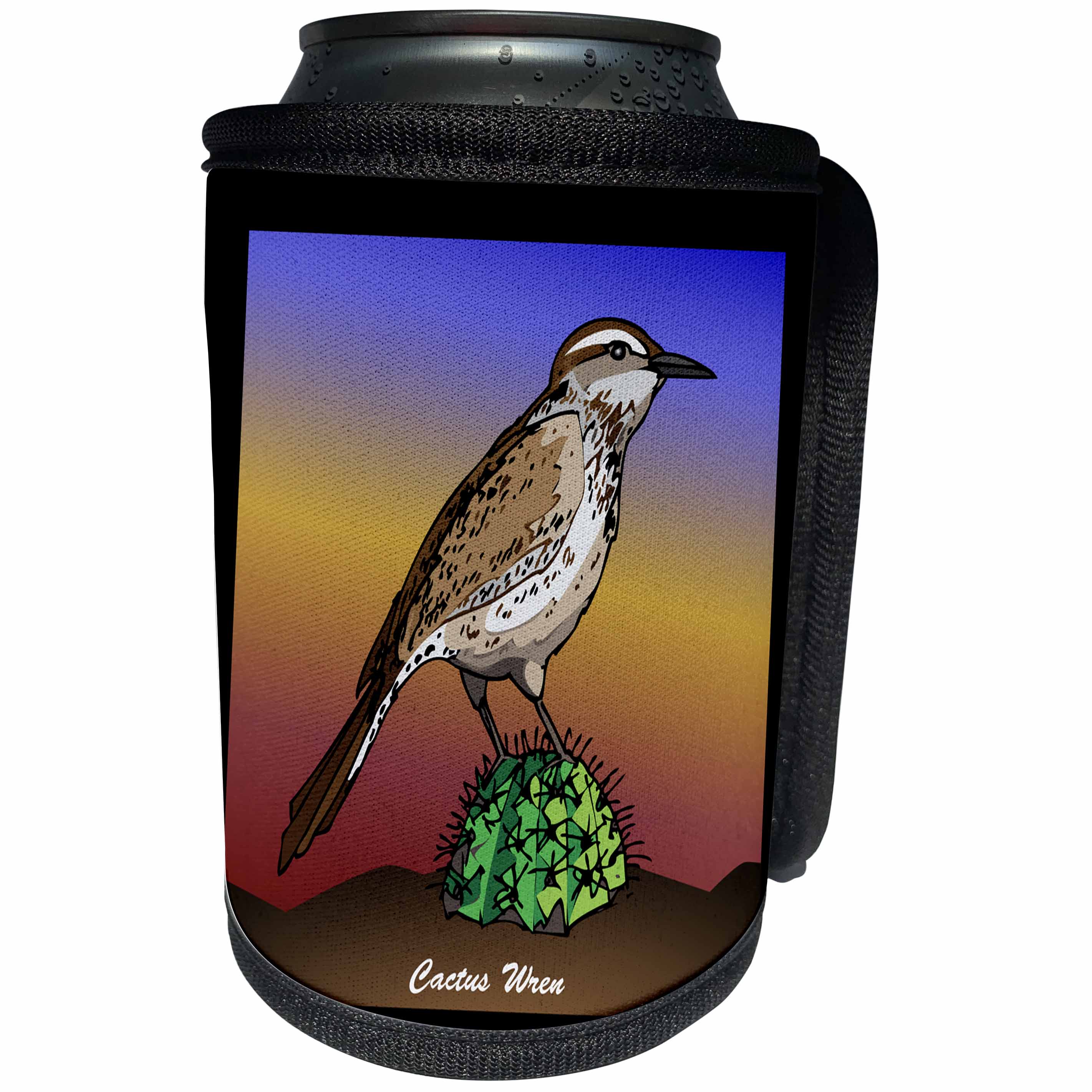 3dRose Mark Grace GRACEVISIONS Birds - BIRDS cactus wren 1 on black - Can Cooler Bottle Wrap (cc_27197)