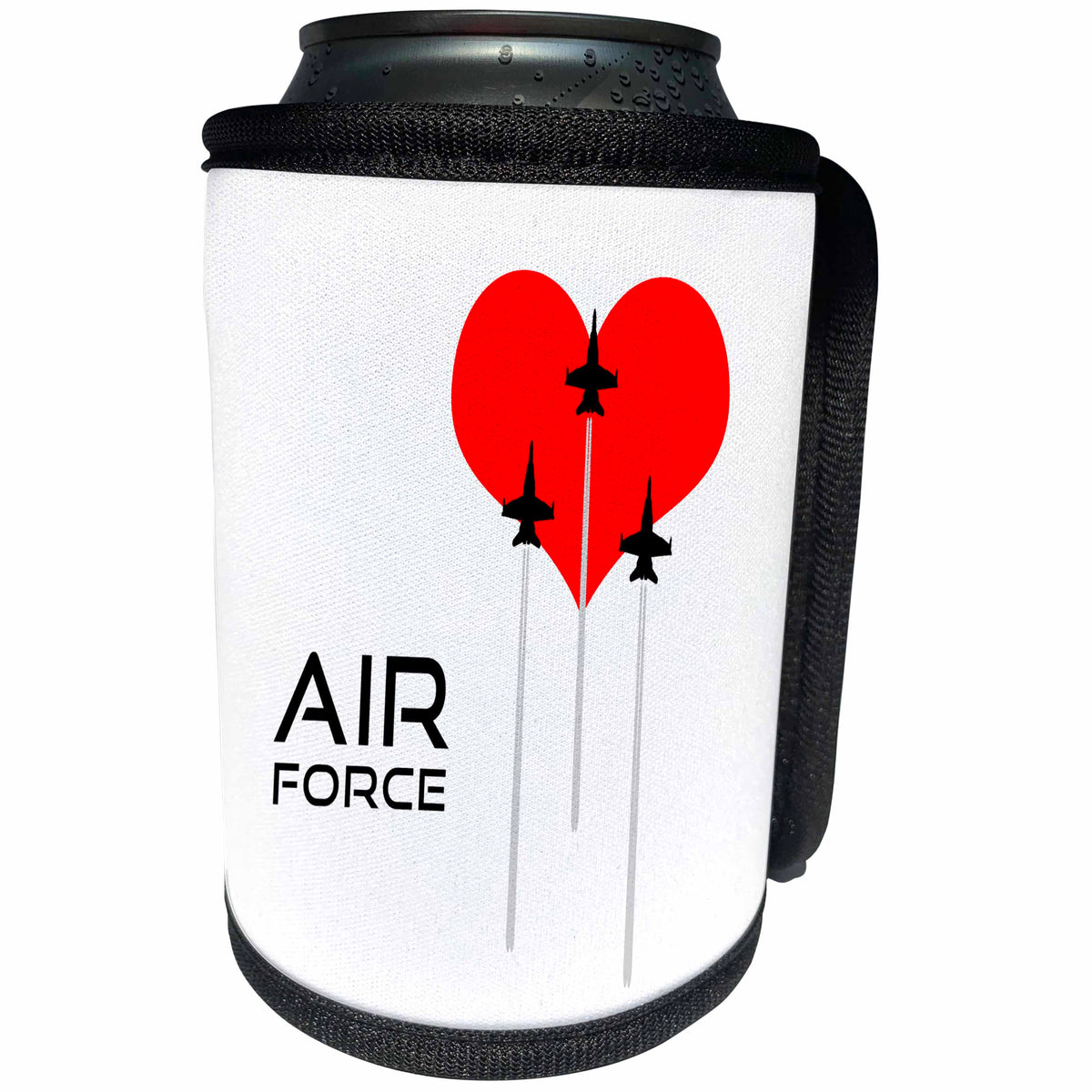 3dRose Alexis Design - Aviation - Red heart, three fighter planes, contrails. Text Air Force on white - Can Cooler Bottle Wrap (cc_271998)