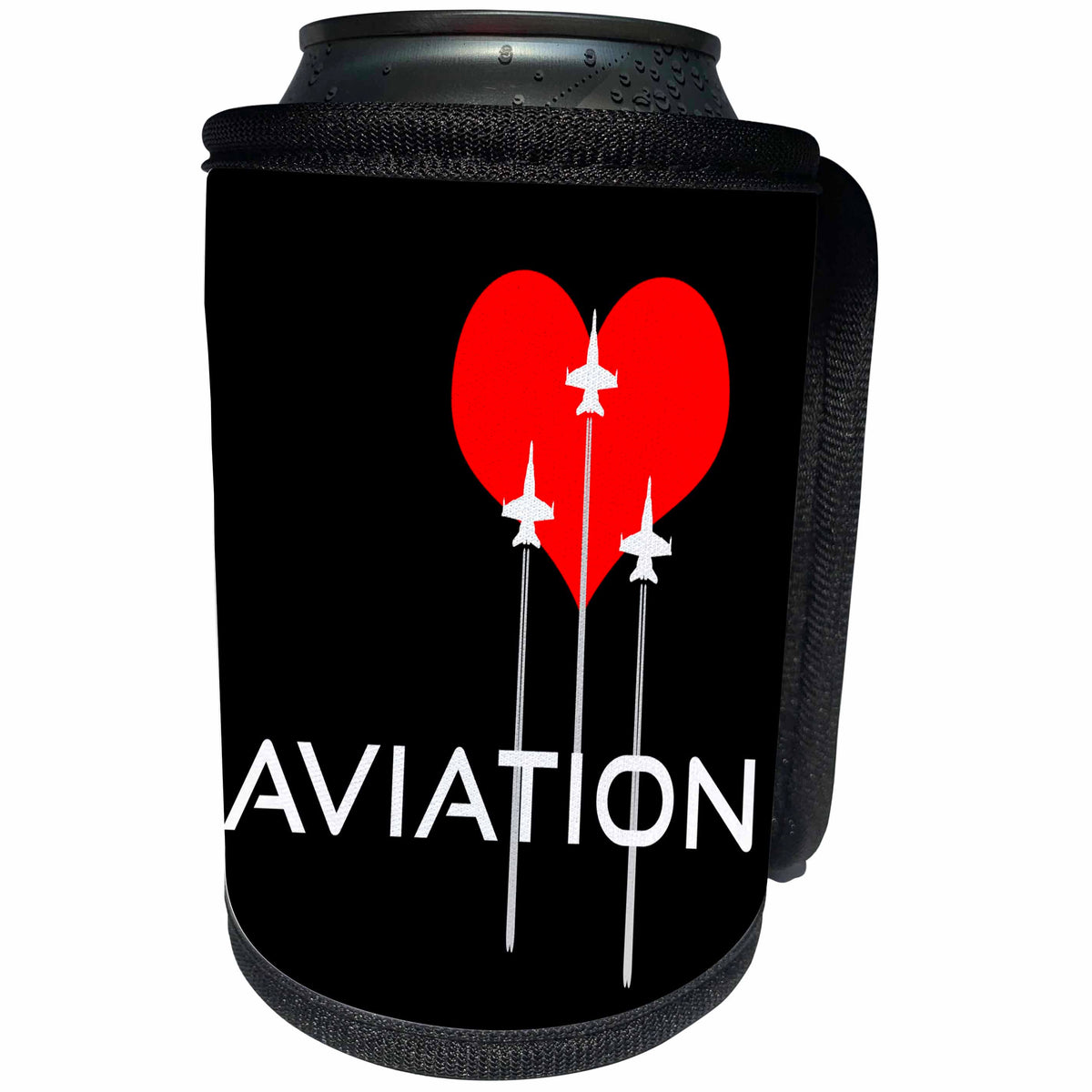3dRose Alexis Design - Aviation - Red heart, three fighter planes, contrails. Text Aviation on black - Can Cooler Bottle Wrap (cc_271999)