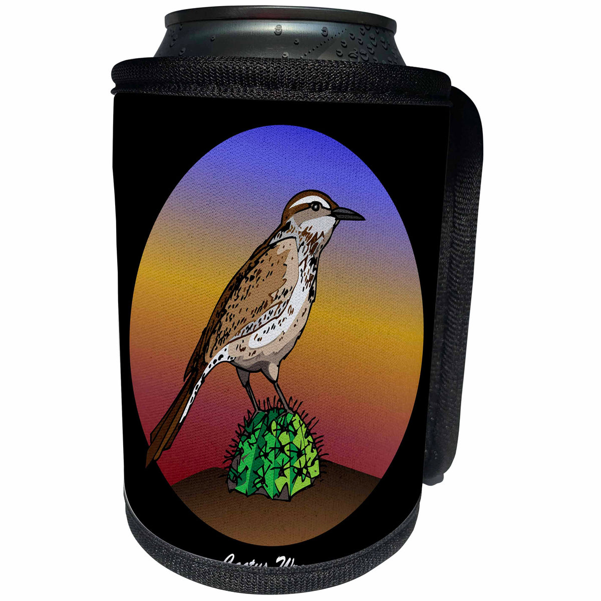 3dRose Mark Grace GRACEVISIONS Birds - BIRDS cactus wren 2 on black - Can Cooler Bottle Wrap (cc_27200)